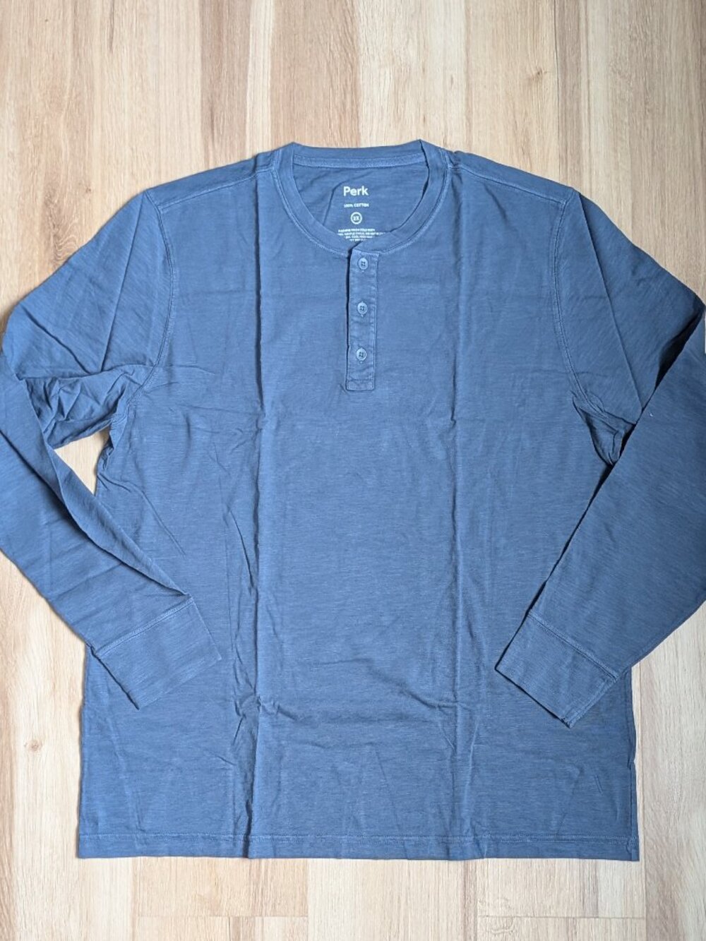 NWT Perk Men's Low Key Long Sleeve Henley T Shirt 2XL Deep Sea Blue 100% Cotton